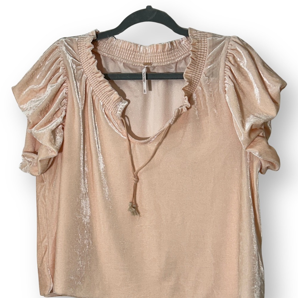 Free People Peach Pink Velvet Smocked Ruffle Sleeve Blouse Top Medium